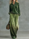 Trendy Retro Sporty Green Velvet Top And Leopard Print Wide-leg Pants Set