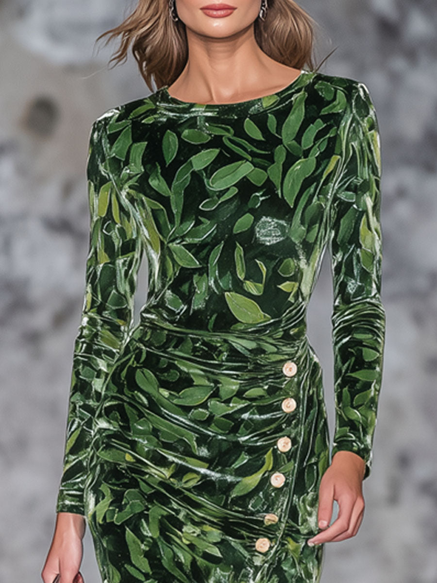 Retro Leaf Print Velvet Round Neck Side Slit Long Sleeve Midi Dress