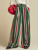 Retro Loose-fitting Red And Green Striped Chenille Wide-leg Pants