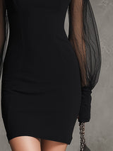 Elegant Black Knitted And Tulle Patchwork Mini Dress