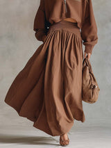 Elegant Retro Sporty Lapel Front Zipper Brown Cotton Sweatshirt And A-line Long Skirt Set