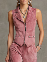 Western Retro Pink Faux Suede Vest And Tassel Pants Set