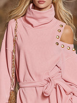 Loose High-neck Off-the-shoulder Long-sleeved Tie-detail Athletic Mini Dress