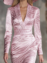 Stylish Pink Satin Zebra Print Long-sleeved Midi Dress