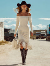 Western Retro Beige Faux Suede Long-Sleeved Off-Shoulder Tassel Midi Dress