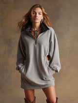 Casual Sporty Black PU Collar Gray Hollowed-out Long-sleeved Mini Dress
