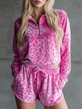 Leopard Print Velvet Top And Shorts Set