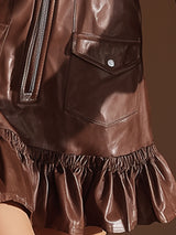 Stylish Vintage Brown Lapel Faux Leather Mini Dress