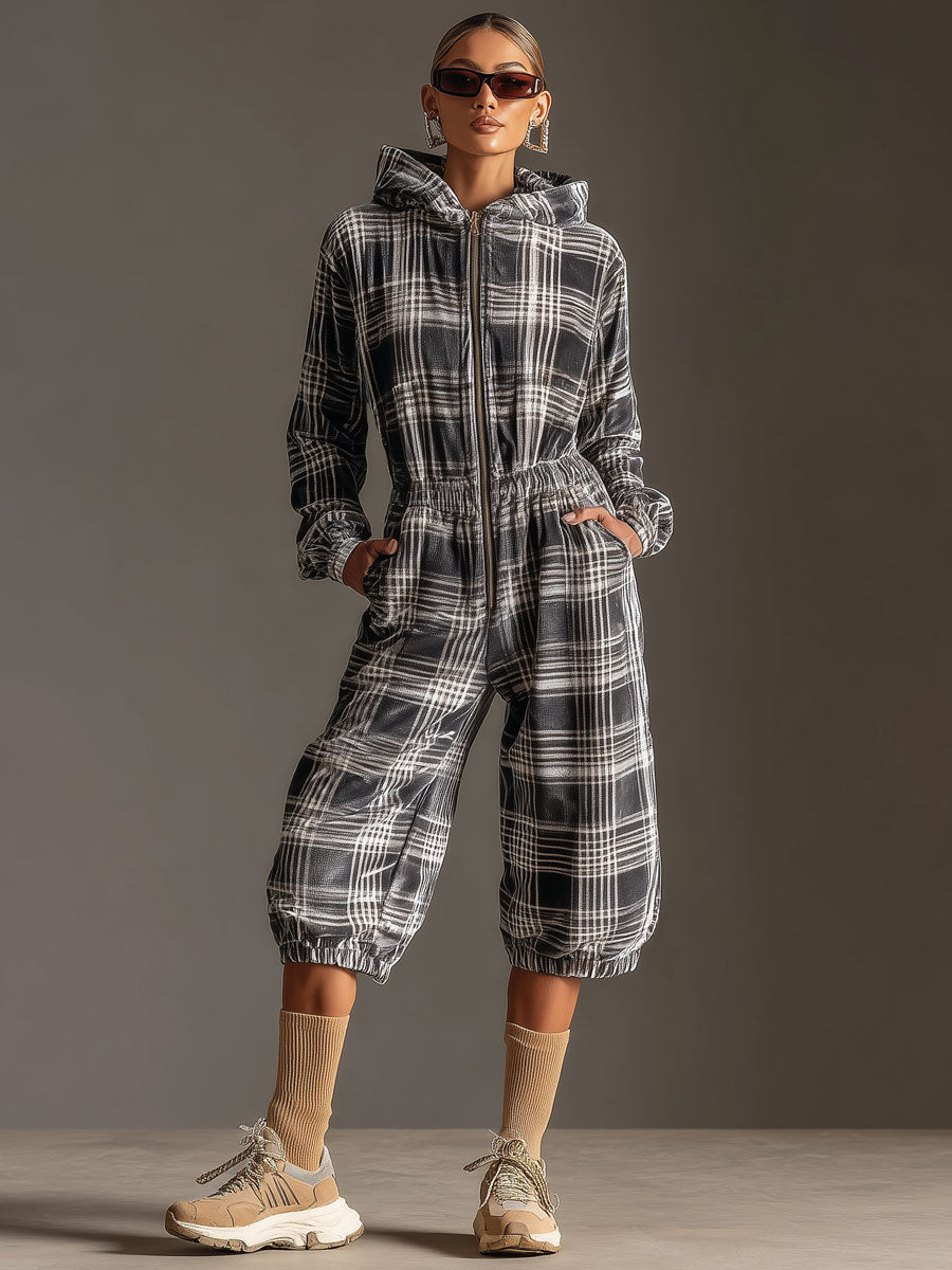 Fashionable Sporty Retro Black And White Checkered Velvet Zip-up Hooded Jumpsuit