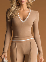 Stylish And Casual White-trimmed Brown V-neck Knit Top And Pants Set