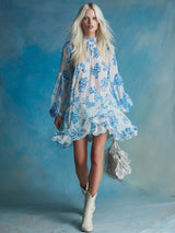 Personality Fashion Retro Semi-high Neck Ruffled Hem Leopard Print White Chiffon Mini Dress