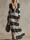Chic Retro Black And White Lace Striped Maxi Dress