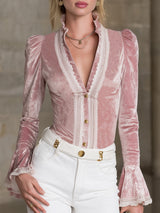 Elegant Pink Velvet Patchwork Lace Button Long-sleeved Shirt