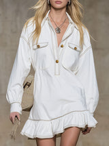 Collared Pocketed Ruffled White Denim Mini Dress