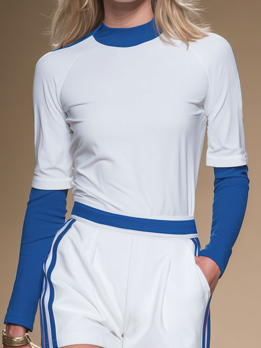 Half-zip Color-block Athletic Long-sleeved Top And Shorts Set