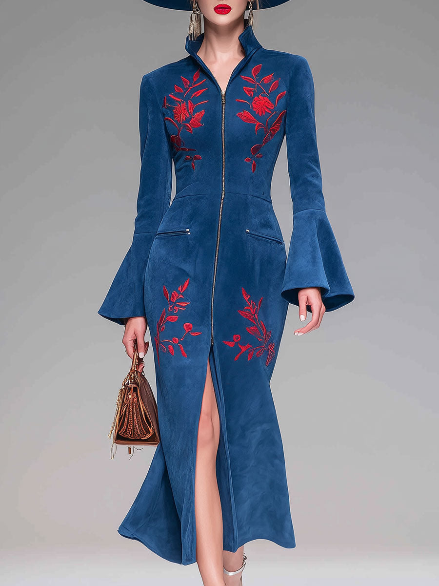 Western Style Vintage Embroidered Blue Faux Suede Midi Dress