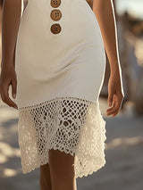 【24-hour shipping out】Classic Elegant Spaghetti Strap White Cotton Midi Dress