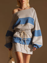 Sporty Retro-style One-shoulder Gray And Blue Color-blocked Striped Skirt Set