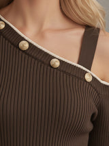 Elegant And Retro-style Brown Knitted Off-the-shoulder Sweater