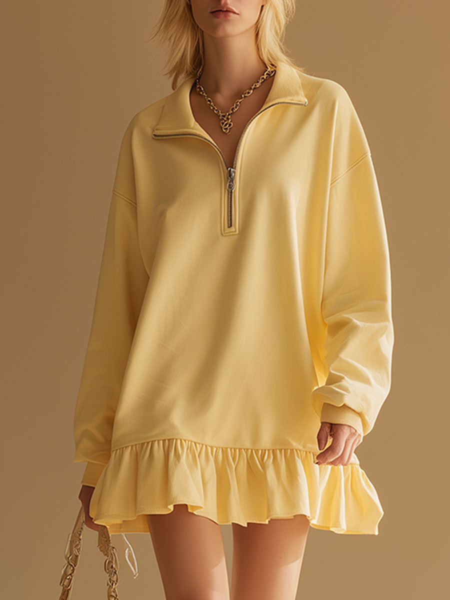 Stylish And Casual Yellow Collared Sweatshirt-style Mini Dress