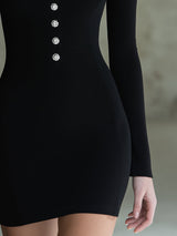 Elegant Black And White Color-block KnittedWith Rhinestone Buttons Mini Dress