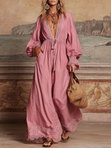 Pink V-neck Tie-waist Patchwork Lace Cotton And Linen Long-sleeved Maxi Dress