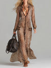 Fashionable And Elegant Brown Chiffon Leopard Print Long Sleeve Maxi Dress