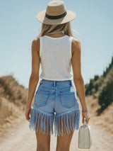 【24-hour shipping out】Vintage Washed Raw Edge Tassel Light Blue Denim Culottes