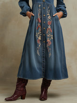 Western Retro Long-Sleeved Floral Embroidered Blue Denim Cardigan Midi Dress
