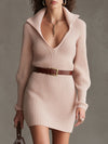Fashionable Retro Long-sleeved Pink Knitted Mini Dress