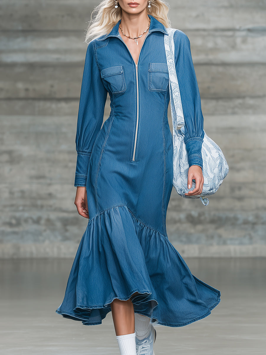 Stylish Blue Denim Zip-up Midi Dress With Ruffle Details.