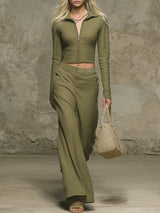 Western-style Olive Green Linen Zip-up Top And Wide-leg Pants Set