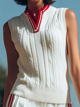 【24-hour shipping out】Retro Sports Style Stand-up Collar Pleated Sleeveless Knitted Top Pleated Skirt Suit