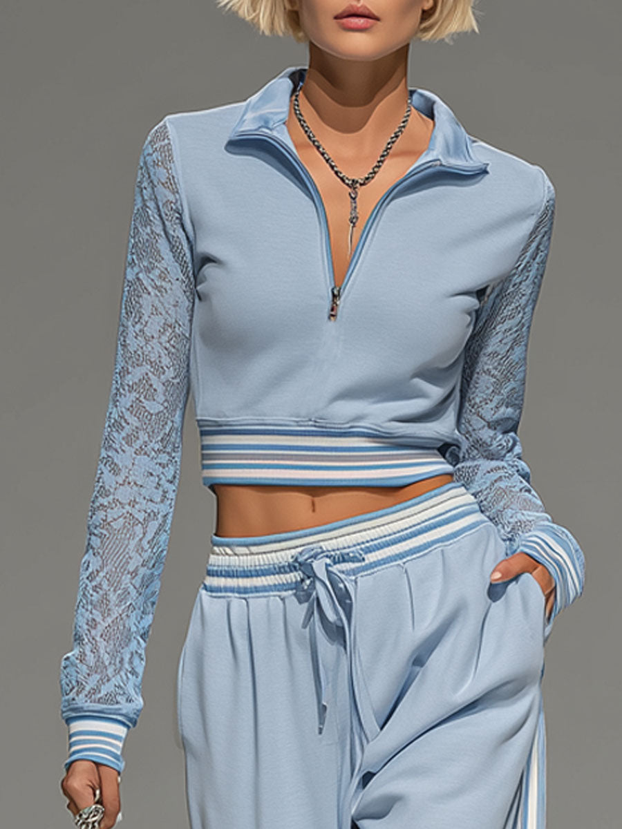 Lace Long-sleeved Zip-up Cropped Top And Wide-leg Pants Set