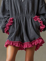 Sporty Retro Color-blocked Ruffled Blue-grey Cotton Embroidered Mini Dress