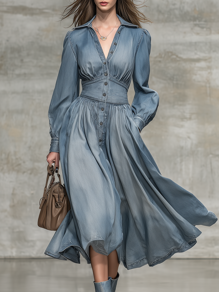 Elegant Retro Lapel Button Denim Midi Dress