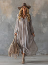 V-Neck Light Gray Pleated Chiffon Maxi Dress