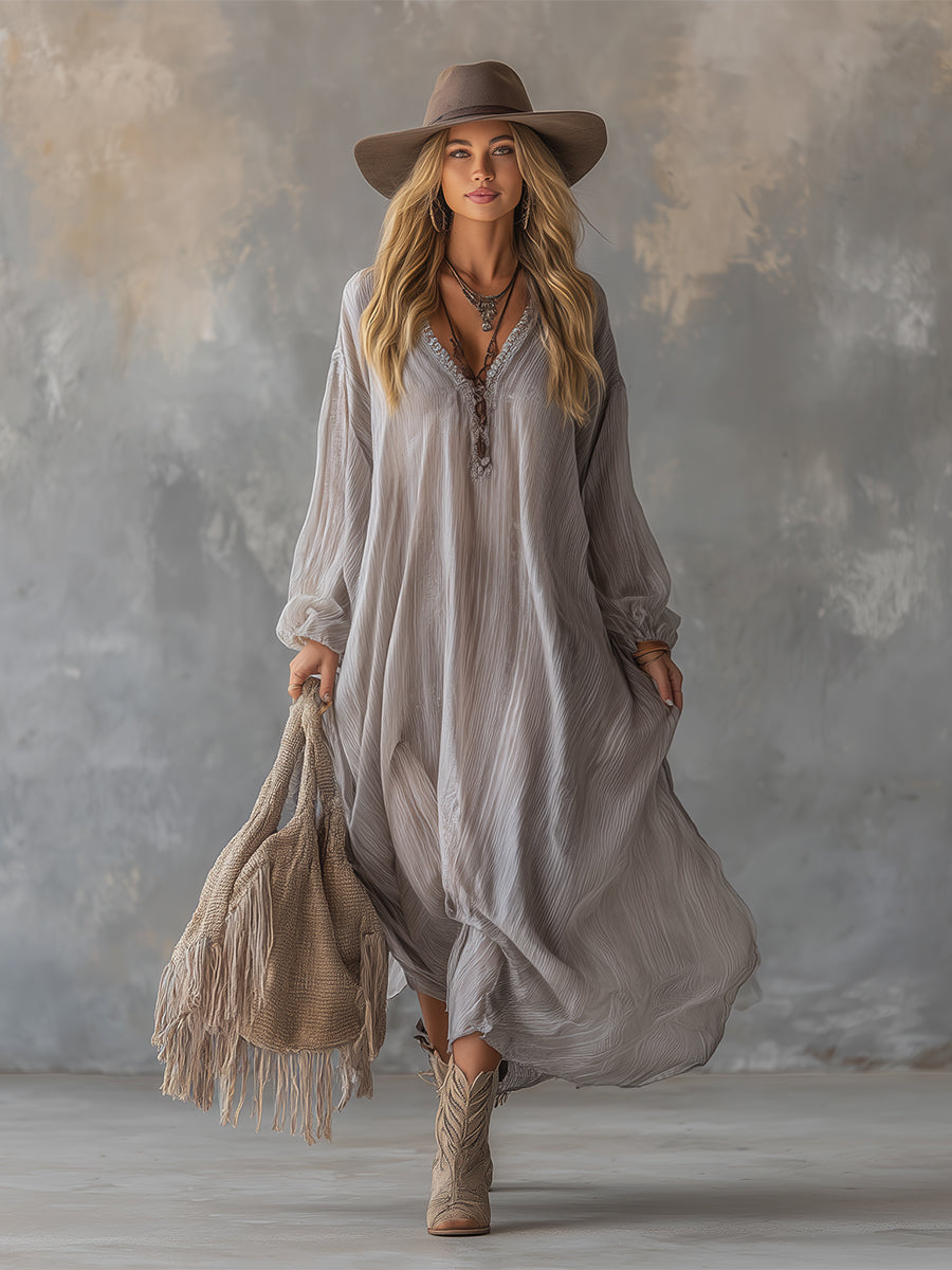 V-Neck Light Gray Pleated Chiffon Maxi Dress