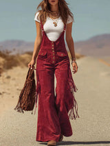 Brown Micro-suede Pocket Tassel Wide-leg Overalls