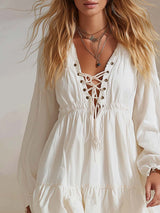 Western Vintage Tie-up V-neck Bubble Hem White Denim Mini Dress