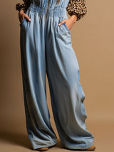 Western Retro Long-Sleeved Chiffon Leopard Print Light Blue Denim Wide-Leg Jumpsuit