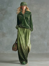 Trendy Retro Sporty Green Velvet Top And Leopard Print Wide-leg Pants Set