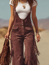 Brown Micro-suede Pocket Tassel Wide-leg Overalls