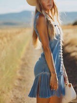 【24-hour shipping out】Casual Vintage Blue Denim V-Neck Tie Sleeveless Tassel Mini Dress