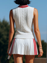 【24-hour shipping out】Retro Sports Style Stand-up Collar Pleated Sleeveless Knitted Top Pleated Skirt Suit