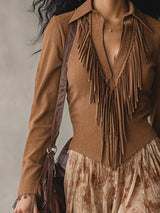 Retro Bohemian Khaki Faux Suede Patchwork Chiffon Printed Maxi Dress