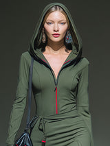 Casual Sporty Green Hooded Half-zip Maxi Dress