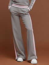 Sporty Retro Pink Striped Half-Zip Gray Sweatshirt And Wide-Leg Pants Set