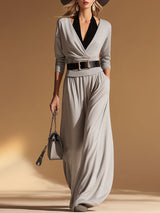Casual Black Halter-neck Two-piece Style Grey Cotton Top And Pants Set