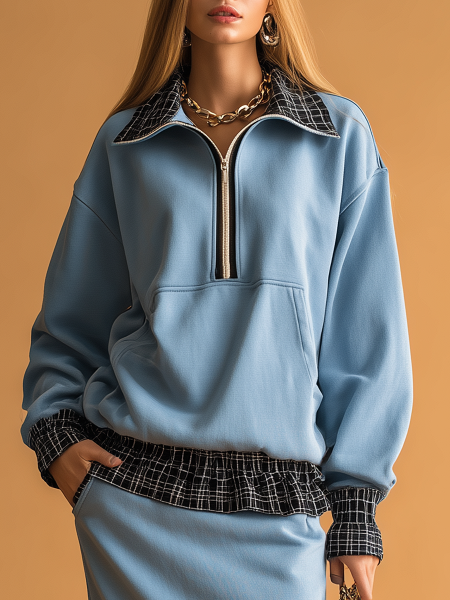 Casual Retro Sporty Plaid Patchwork Sweatshirt And Skirt Set